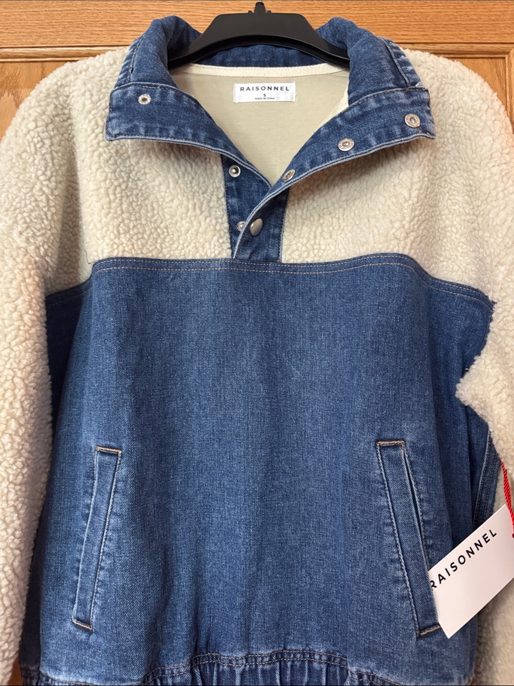 Raisonel Cream Sherpa & Blue Denim Pullover Jacket Top Small NEW